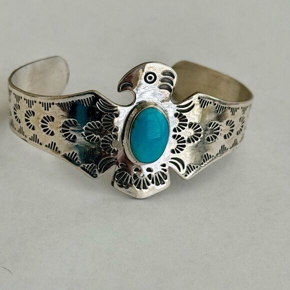 Southwestern Turquoise Cuff Sterling Silver Thunderbird Bracelet - Picture 1 of 7